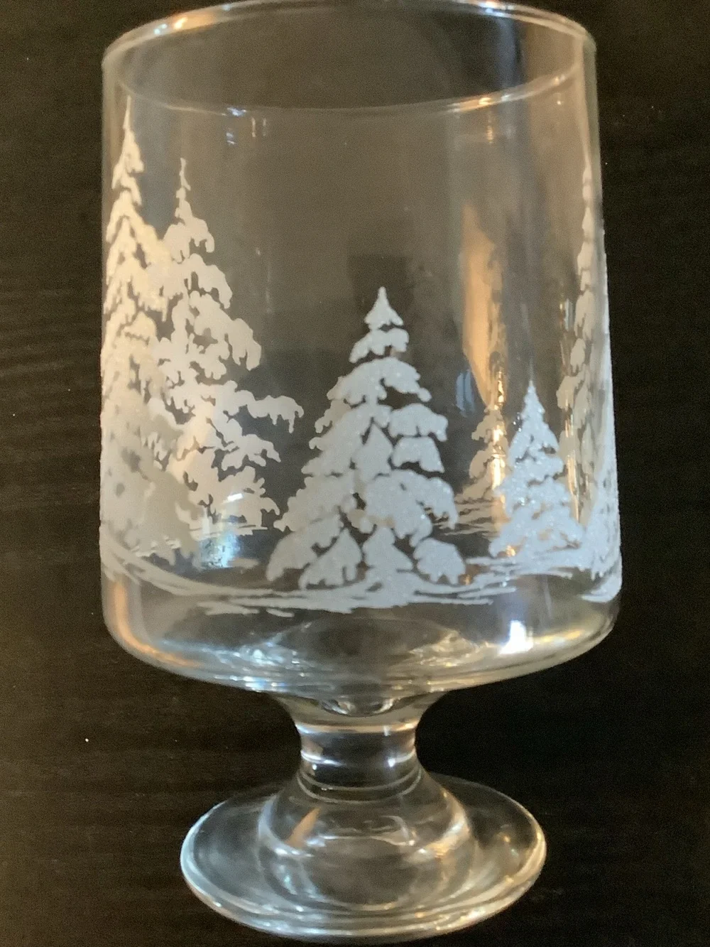 Vintage Etched White Fir Trees on Clear 6” H Glass